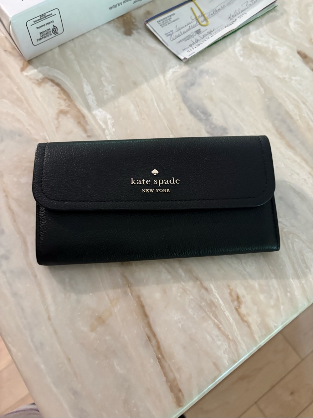 kate spade black leather continental wallet with gold logo